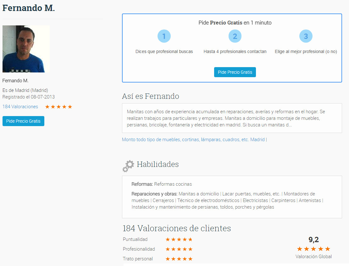 perfil profesional con valoraciones