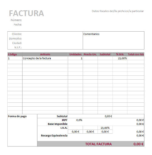 Plantilla de factura para profesores autónomos
