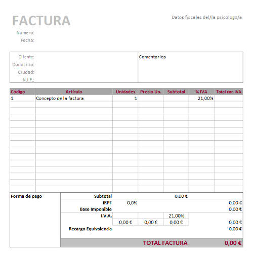 Plantilla de factura para psicólogos