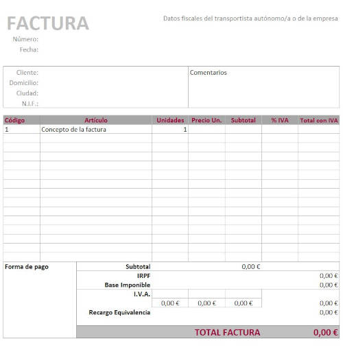 Modelo de factura para transporte de mercancías